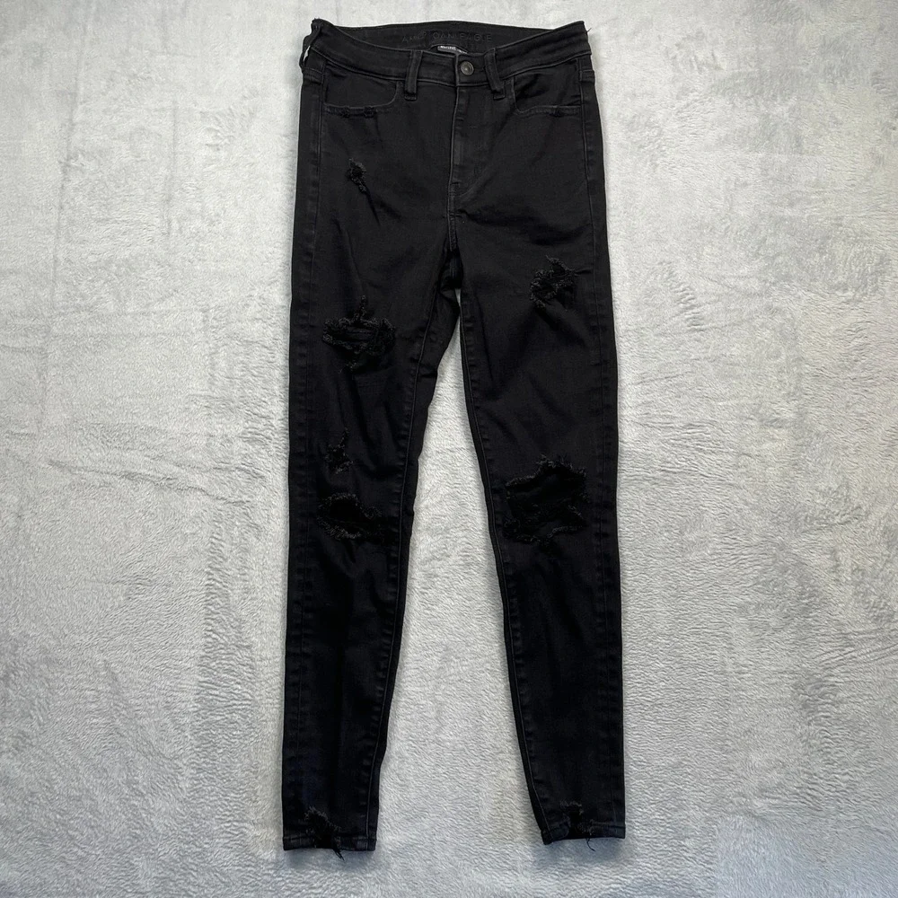 American Eagle Super Hi-Rise Jegging Womens 4 Black Distressed Ripped Next Level